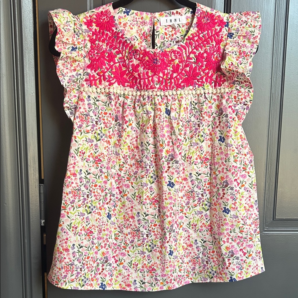 THML Floral Top with Pink and Green Accents size S